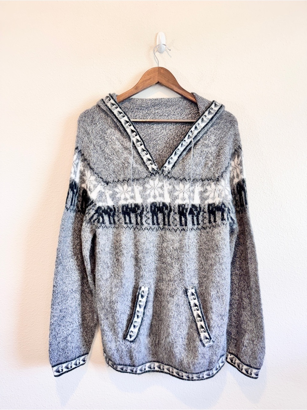 Unbranded Nordic Fair Isle Hooded Sweater XL Gray Alpaca Feel Oversized Ski K50